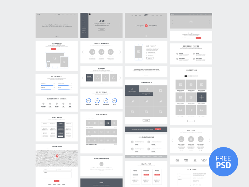 One page website wireframe kits de ui dribbble freebie