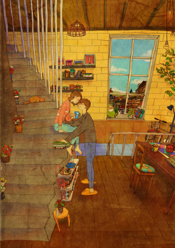 Las ilustraciones de Puuung tienen a una pareja como protagonistas 06-puuung-ilustración-ilustradora-coreana-arquitectura-amor-enfoque-gaussiano