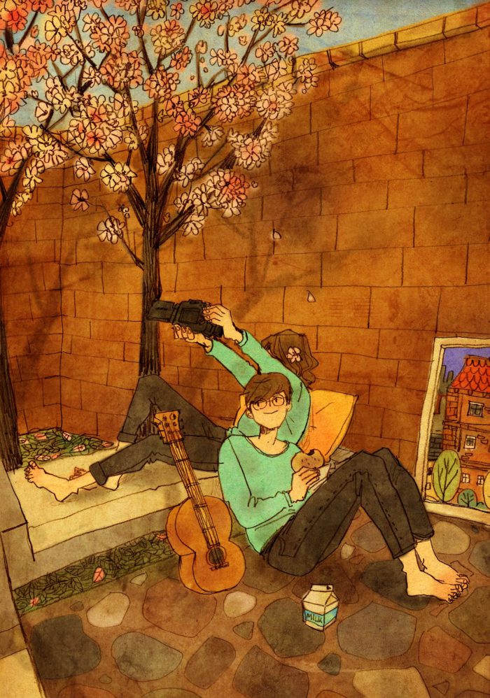 Escena de la vida cotidiana ilustrada por Puuung 08-puuung-ilustración-ilustradora-coreana-arquitectura-amor-enfoque-gaussiano
