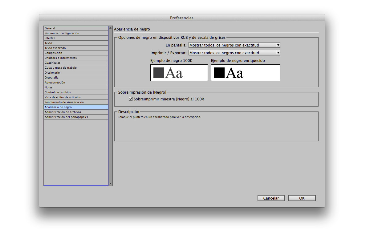 Hay que configurar la apariencia del negro en InDesign para evitar confusiones aparienciadenegro_configuracion_indesign
