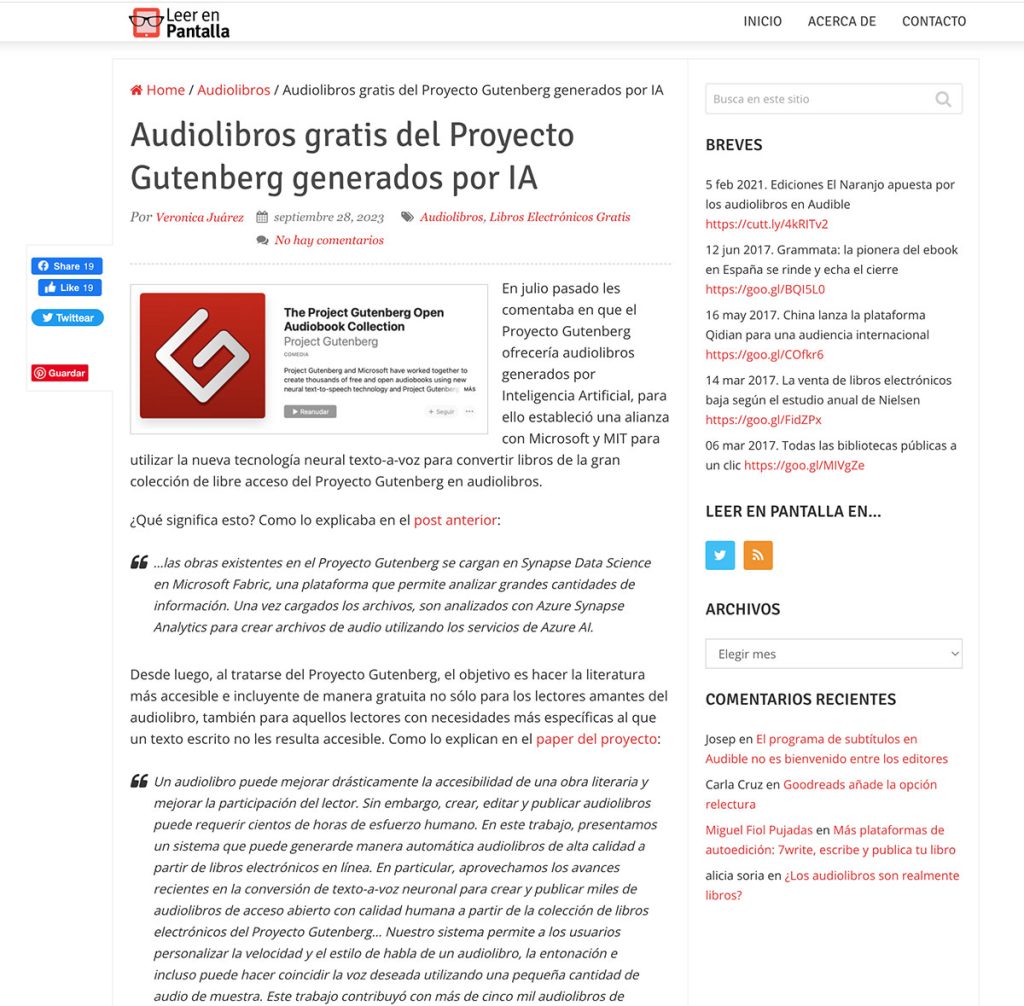 Captura del blog Leer en pantalla