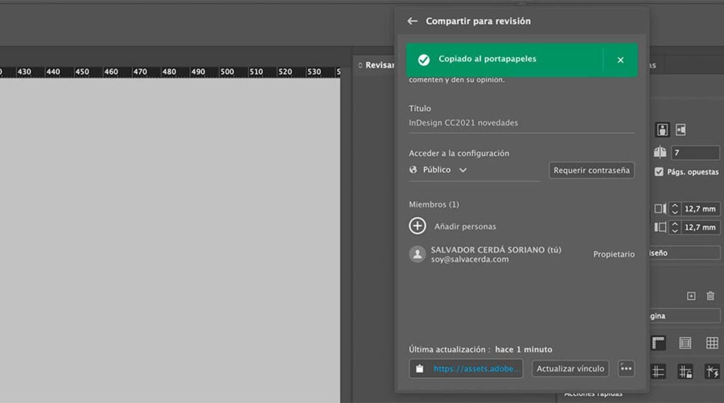 InDesign, herramienta compartir para revisión.