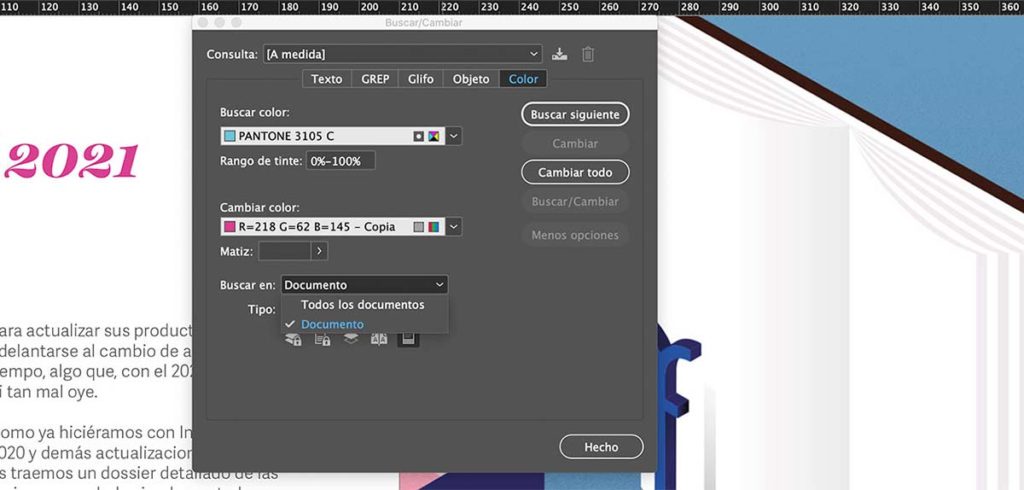 InDesign, herramienta buscar y cambiar color.