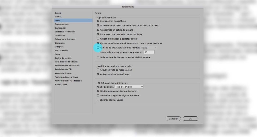 Desactivar previsualizar fuentes en InDesign
