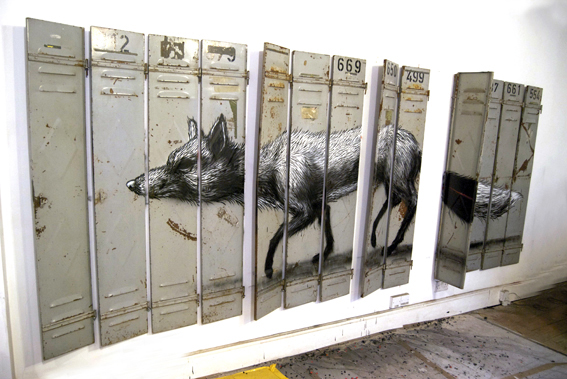 ROA street art graffiti animal bones brooklyn instalation