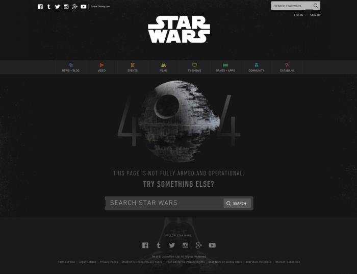 Ni la Fuerza evita el error 404 en la página de Star Wars www.starwars.com 404